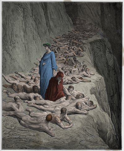 Purgatorio, Canto 19: De zielen van de hebzuchtigen: Adrian V spreekt tot Dante, illustratie uit De Goddelijke Komedie van Dante Alighieri, 1885 door Gustave after Dore